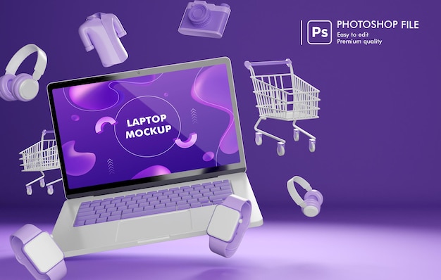 PSD online shopping object around laptop 3d rendering