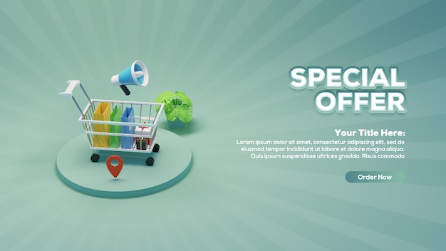 PSD progettazione di banner di vendita dello shopping online con carrello di rendering 3d