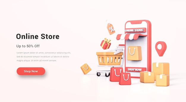 PSD online shopping store concept on mobile phone with 3d shopping cart shopping bag and gift boxes