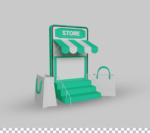 현실적인 스타일의 3d 그림에서 모바일 쇼핑백이 있는 온라인 쇼핑 상점