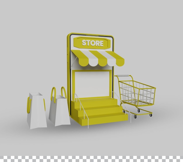 Online shopping store with mobile shopping cart shopping bag in realistic style 3d illustration