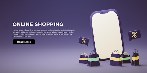 Online shopping web banner interface with 3D shopping bag, basket, and smartphone