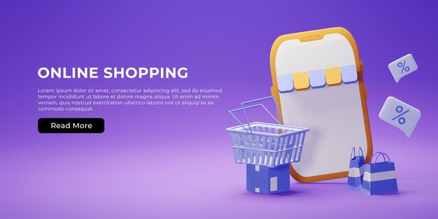 Интерфейс веб-баннера онлайн-покупок с 3D-сумкой, посылкой, корзиной и смартфоном