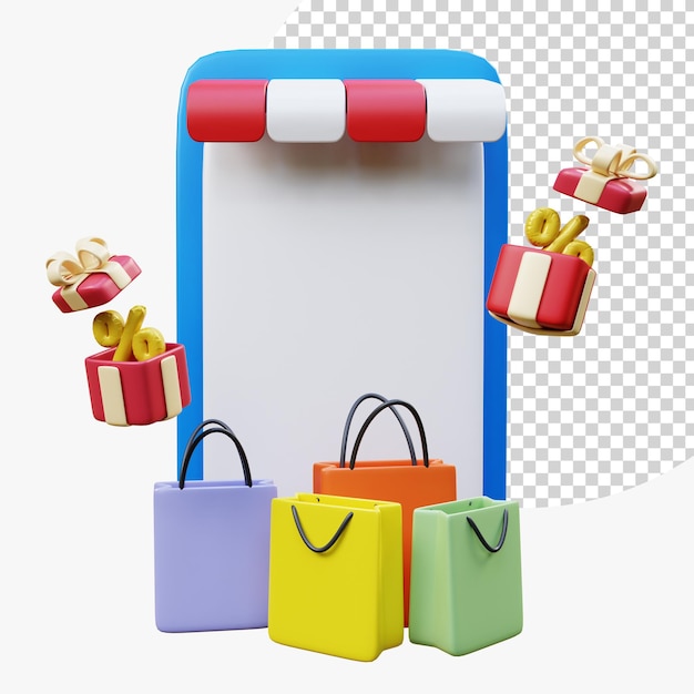 Online shopping on the website and mobile app Conceptual with online store interface shopping bag gift box Web banner application money advertising payment 3d rendering