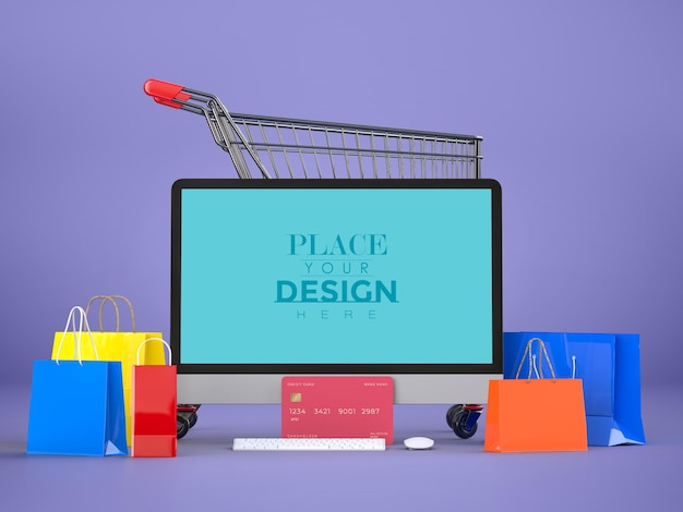 PSD shopping online con modello di computer mockup ed elementi di acquisto