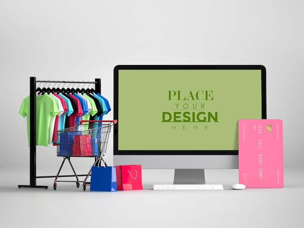 Shopping online con modello di computer mockup ed elementi di acquisto