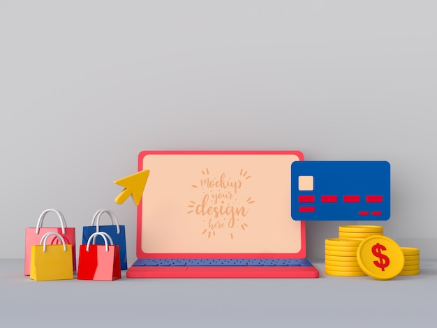 Shopping online con modello di mockup di laptop ed elementi di acquisto