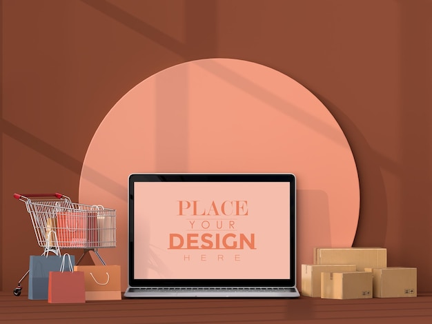 Shopping online con modello di mockup di laptop ed elementi di acquisto