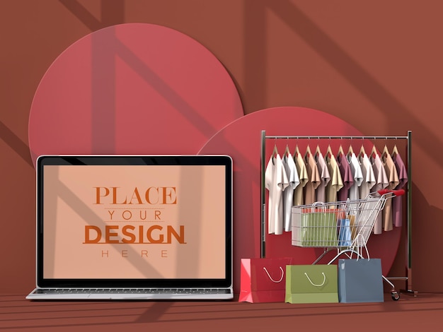 Online shopping with laptop mockup template and shopping elements