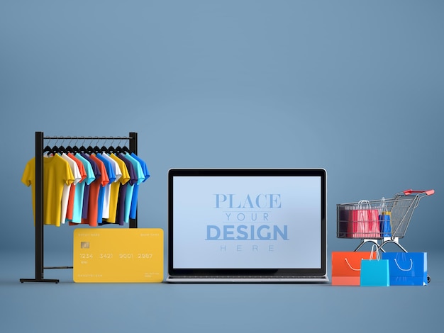 Shopping online con modello di mockup di laptop ed elementi di acquisto