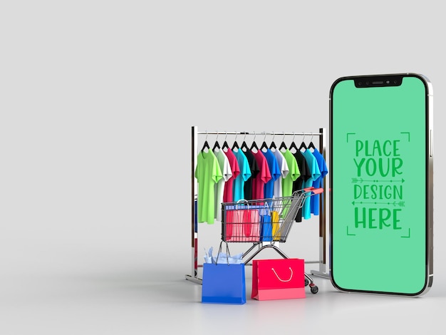 Online shopping with mobile and shopping elements mockup template