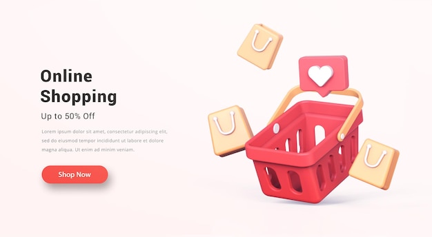 Online shopping with realistic 3d shopping cart shopping bag and like icon