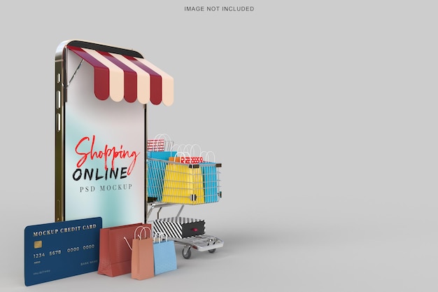 Online shopping with smartphone mockup template