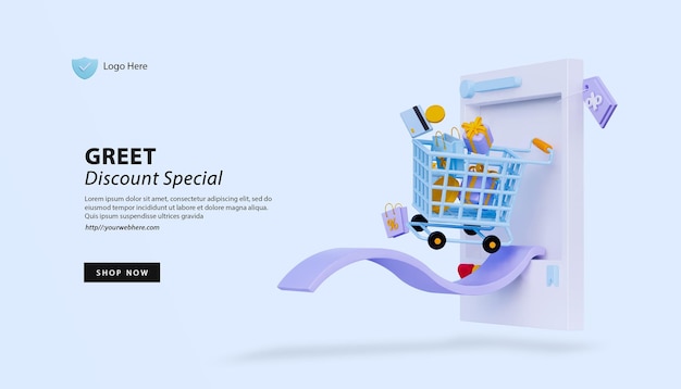 PSD online store shopping time with 3d shopping cart landing page website template