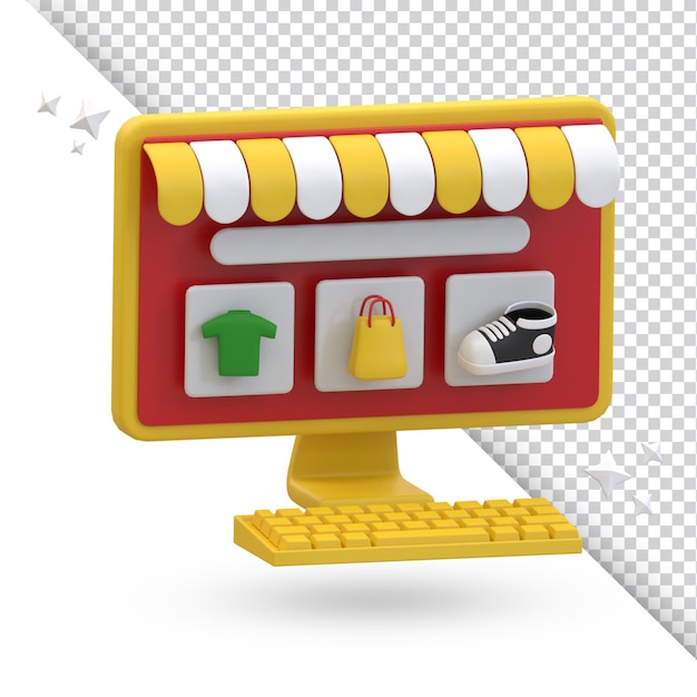 Online winkel op de computer. 3d-rendering illustratie