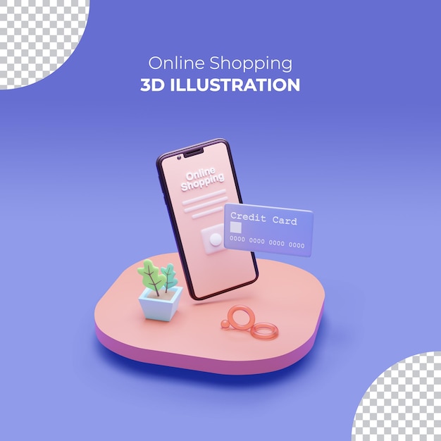 Online winkelen 3d-rendering met mobiel en creditcard