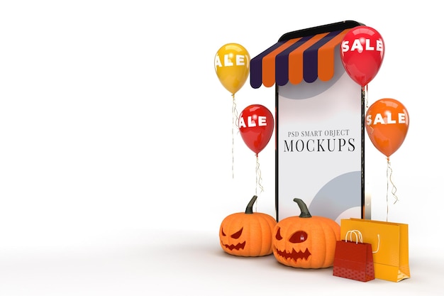 Online winkelen met smartphone-mockups en Halloween-conceptelementen. Ontwerpt conceptmarketing online