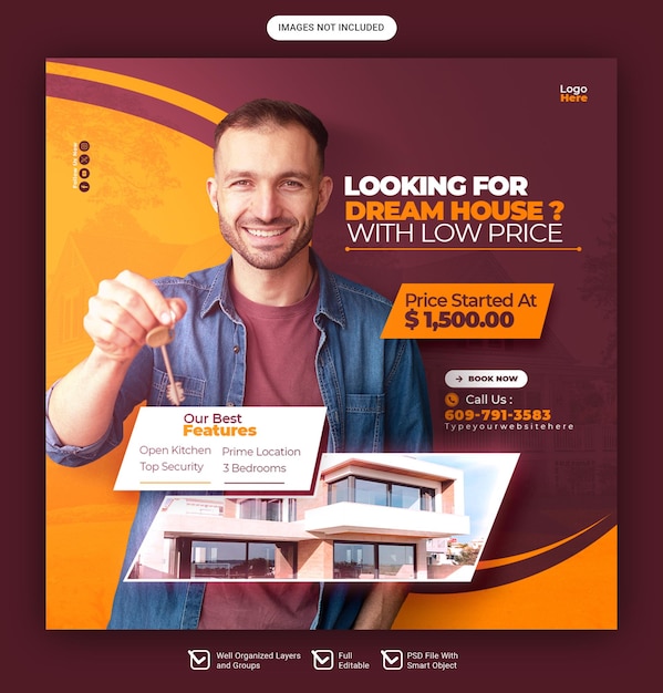 Onroerend goed, huis, eigendom, social media banner of Instagram post sjabloon