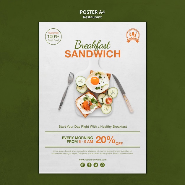 PSD ontbijt sandwich restaurant poster afdruksjabloon