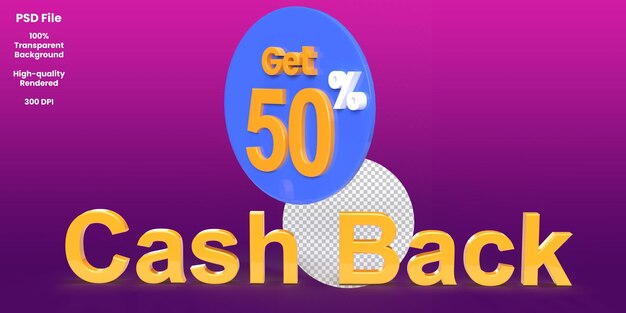 Ontvang 50 procent cashback-tag 3d-rendering cashback-aanbieding label verkoop kortingsstickers 3d-ontwerp