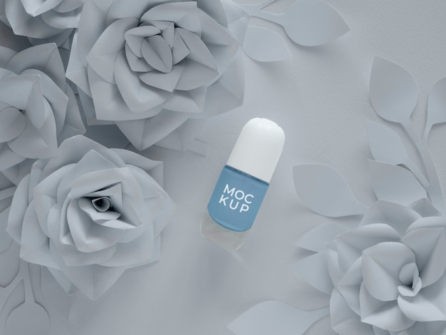 PSD ontwerp met witte papieren bloemen met nagellakmodel