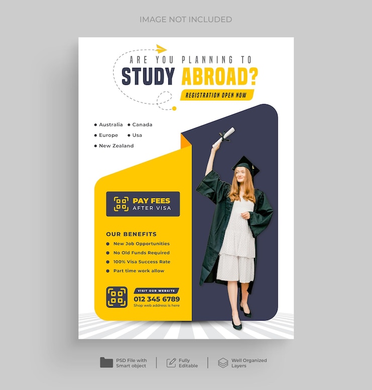 PSD ontwerp van een flyer voor studie in het buitenland en een poster voor toelating tot de universiteit of een studentenvisum
