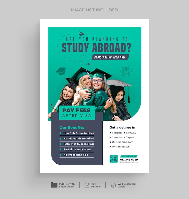 PSD ontwerp van een flyer voor studie in het buitenland en een poster voor toelating tot de universiteit of een studentenvisum