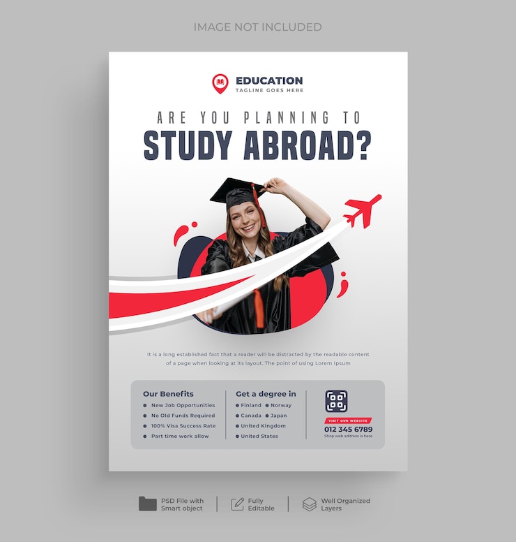 PSD ontwerp van een flyer voor studie in het buitenland en een poster voor toelating tot de universiteit of een studentenvisum