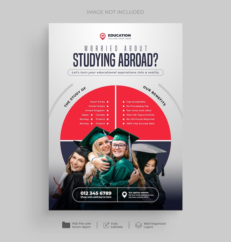 PSD ontwerp van een flyer voor studie in het buitenland en een poster voor toelating tot de universiteit of een studentenvisum