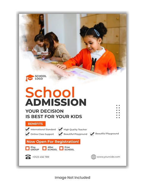 PSD ontwerp van een sjabloon voor een flyer voor schooltoelating