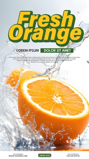 Ontwerp van schijfje sinaasappel met opspattend water voor poster en folder