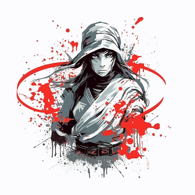 Ontwerp vrouwelijke ninja ronin mode logo kunst illustratie waterverf png psd