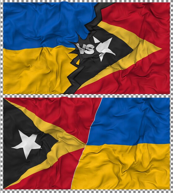 Oost-Timor versus Oekraïne Halve gecombineerde vlag Stof Bump Textuur 3D Rendering