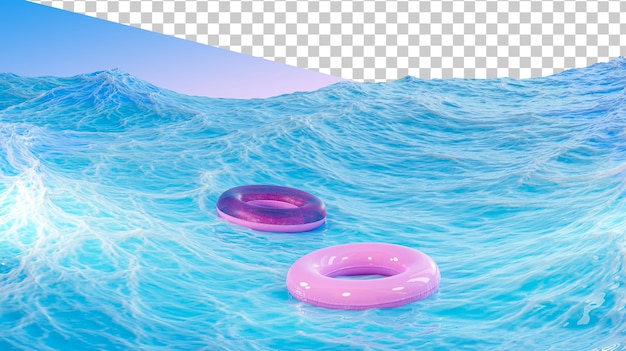 PSD opblaasbare ringen in de zee 3d render reddingsboei drijvend op het water waterveiligheidsconcept