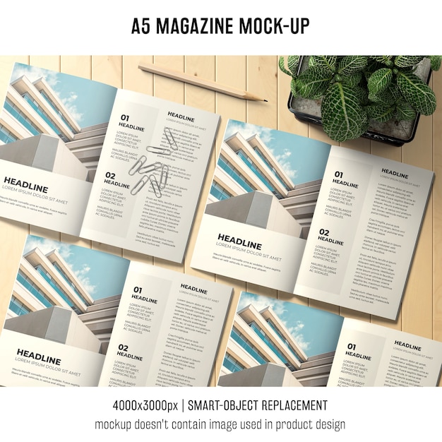 Open a5 tijdschrift mockup van vier