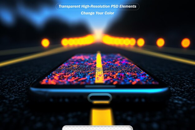 PSD Открытая асфальтовая дорога через мобильный телефон при золотом закате и красивом голубом небе