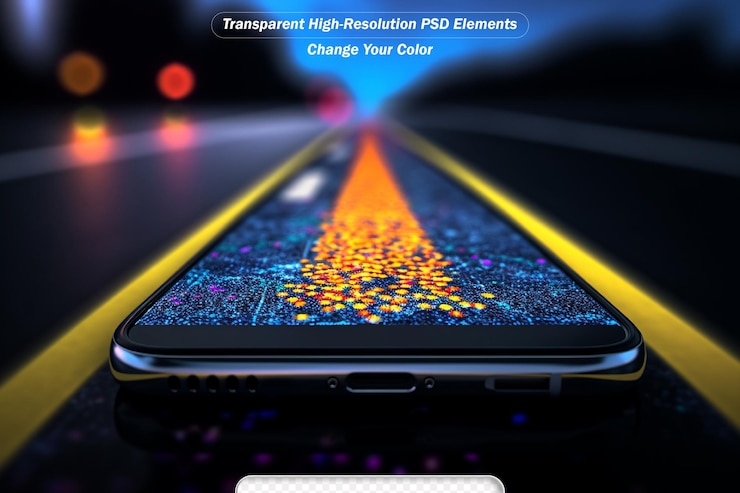 PSD open asphalt road through mobile phone at golden sunset and beautiful blue sky