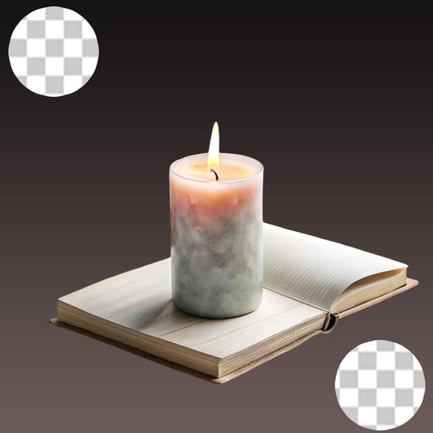 Open book candle and gift box on transparent background