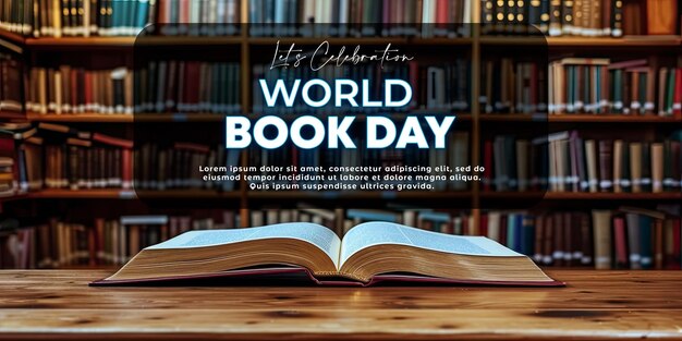 An open book in front of a table with a bookshelf in the background with lots of world book day conc