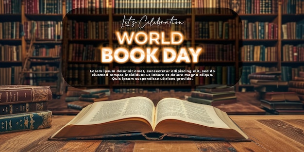 An open book in front of a table with a bookshelf in the background with lots of world book day conc