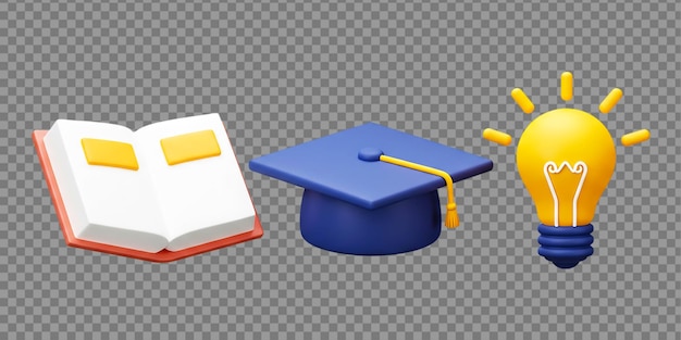 Open book graduation cap and bright light bulb on a transparent background