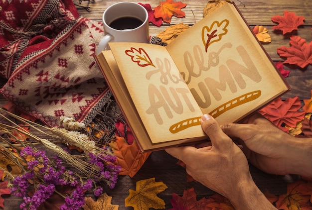 PSD open book mockup with autumn concept