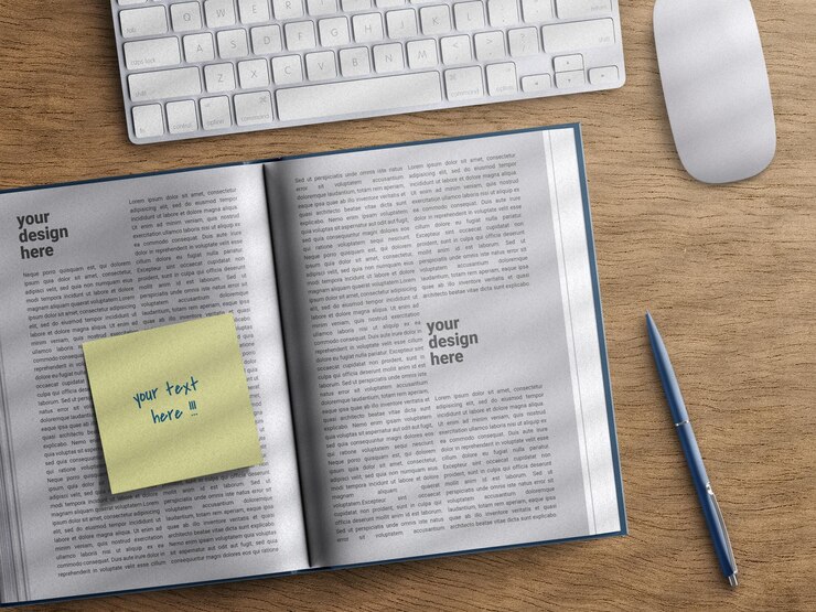 PSD open book pages with stationery arrangement education read literature concept flatlay isolated
