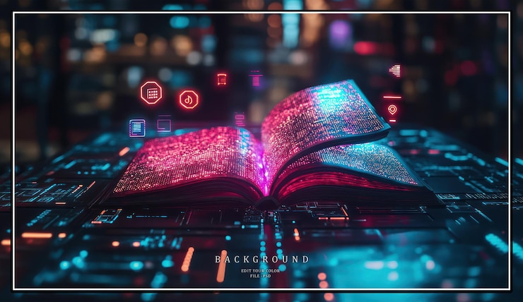 PSD открытая книга с светящимися страницами на фоне футуристической платки