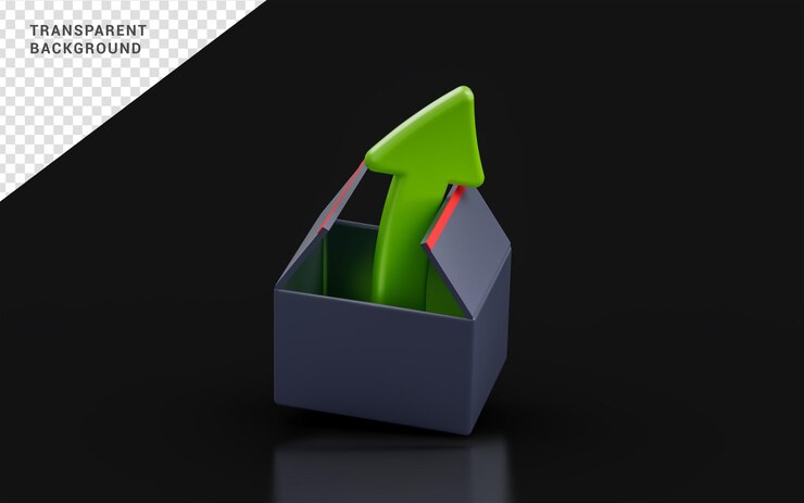 PSD open box with up arrow sign on dark background 3d render concept for product delivery