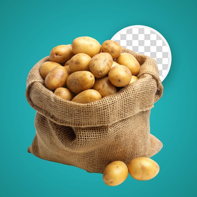 PSD open burlap bag of potatoes on white background