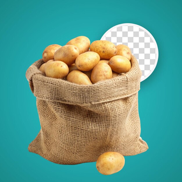 Open burlap bag of potatoes on white background