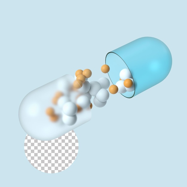 白い背景に対してレンダリングする、ドロップダウンで顆粒を使用した開いた薬。