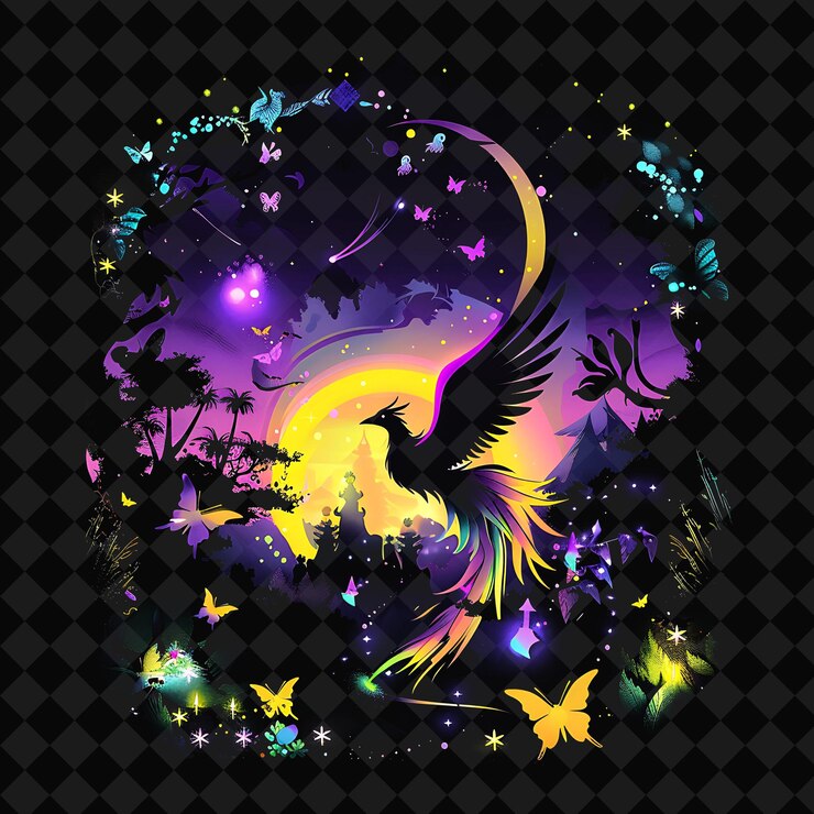 PSD open fantasy nights enchanted landscapes with neon forest y2k art and illustration animal designs