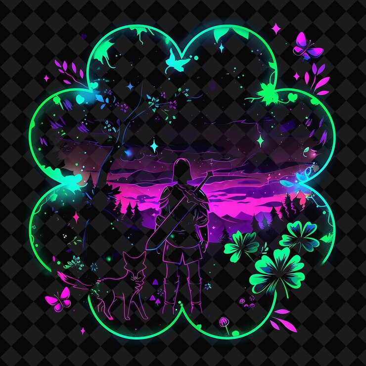 PSD 開放幻想夜晚 魔幻風景與霓虹森林 y2k 藝術和插圖 動物設計